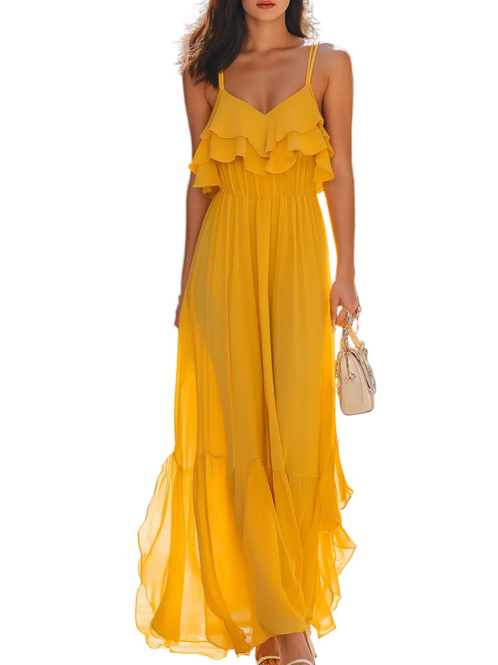 Women's Chiffon Plain Spaghetti Strap V Neck Double Ruffle Tier Bodice Elasticated Waist Full Skirt Gathered Ruffle Hem Maxi Dress