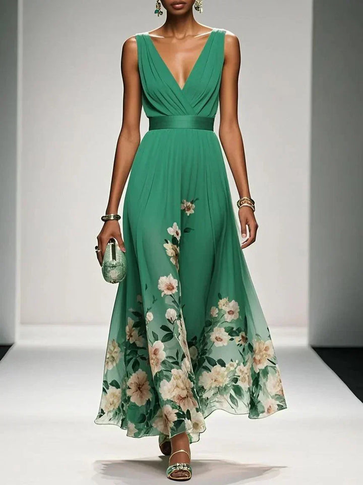Women's Chiffon Ruched Wrap V-Neck Sleeveless Wide Strap Fitted Waistband Floral Border Hem Placement Print Full A-Line Maxi Dress