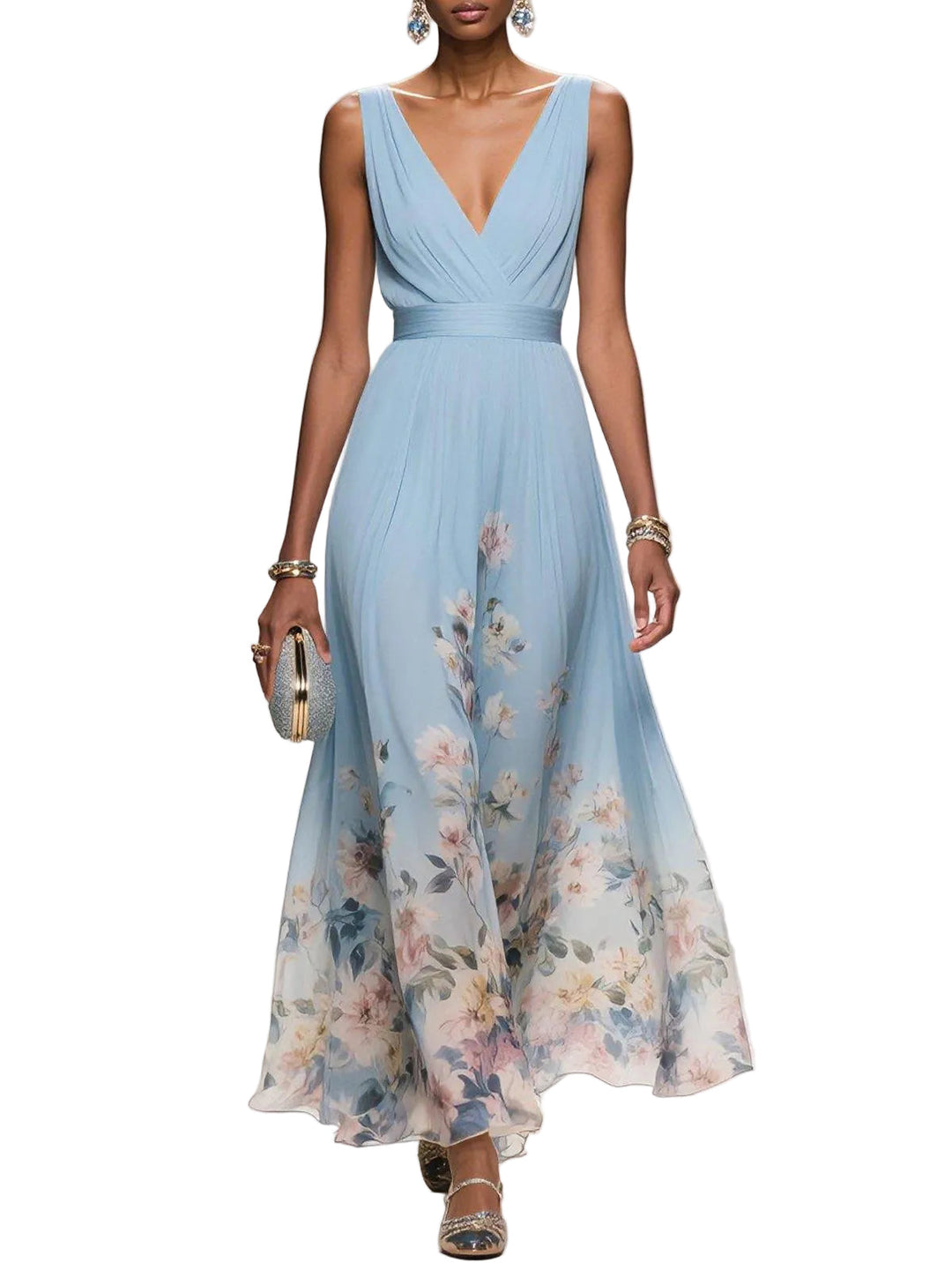 Women's Chiffon Ruched Wrap V-Neck Sleeveless Wide Strap Fitted Waistband Floral Border Hem Placement Print Full A-Line Maxi Dress