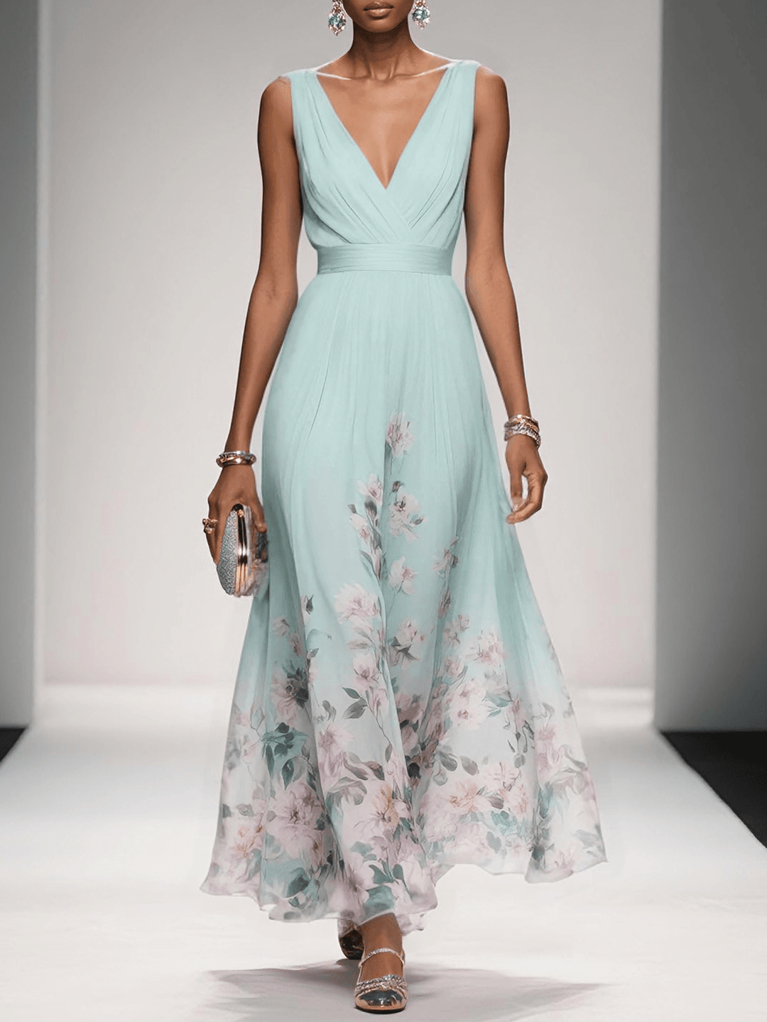 Women's Chiffon Ruched Wrap V-Neck Sleeveless Wide Strap Fitted Waistband Floral Border Hem Placement Print Full A-Line Maxi Dress