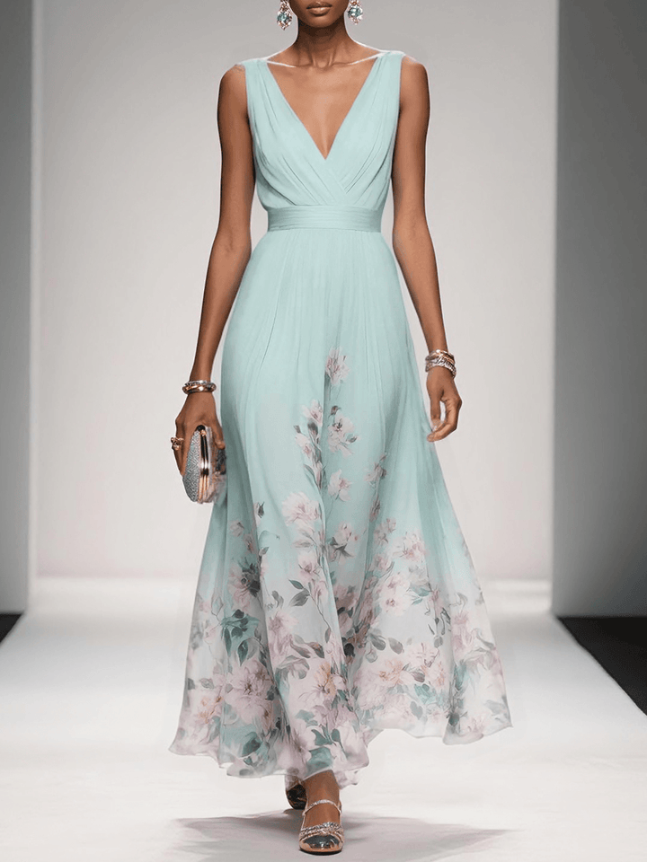 Women's Chiffon Ruched Wrap V-Neck Sleeveless Wide Strap Fitted Waistband Floral Border Hem Placement Print Full A-Line Maxi Dress