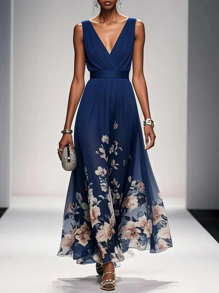 Women's Chiffon Ruched Wrap V-Neck Sleeveless Wide Strap Fitted Waistband Floral Border Hem Placement Print Full A-Line Maxi Dress