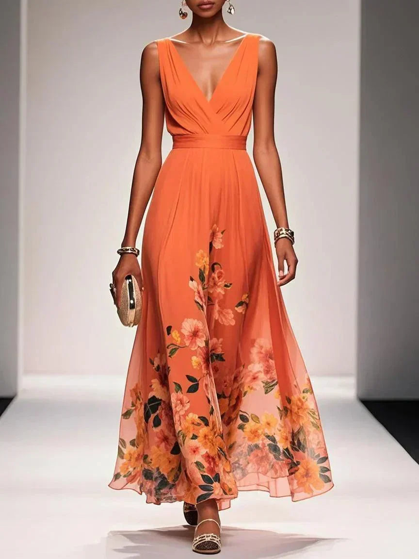 Women's Chiffon Ruched Wrap V-Neck Sleeveless Wide Strap Fitted Waistband Floral Border Hem Placement Print Full A-Line Maxi Dress