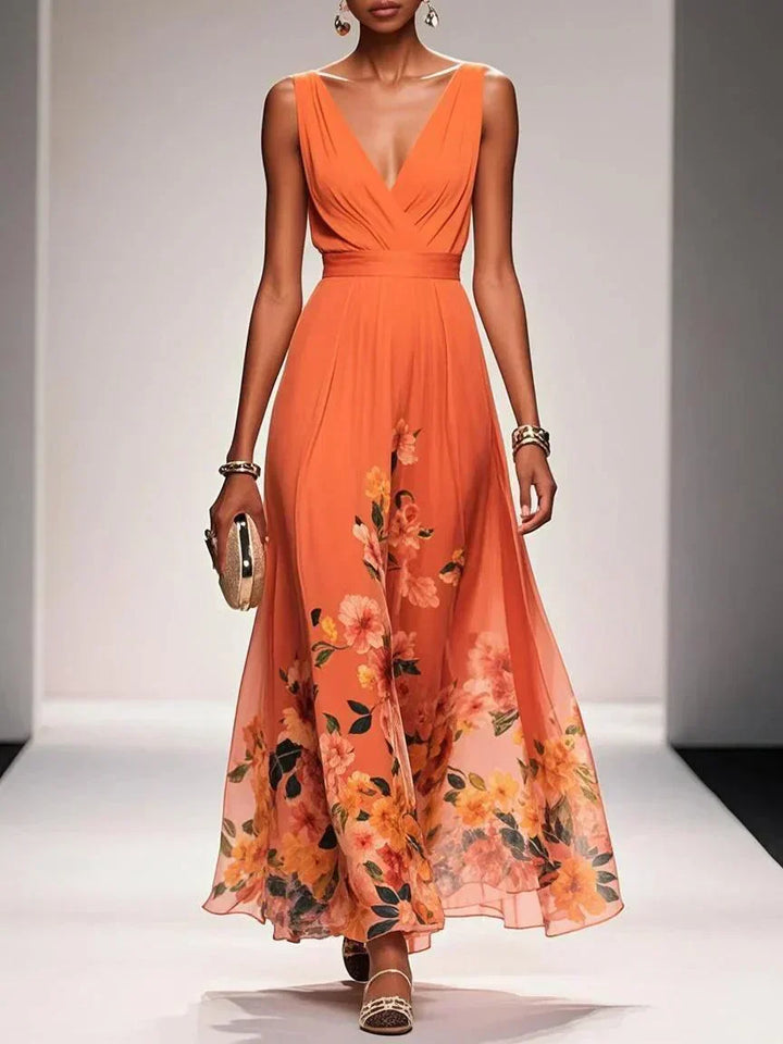 Women's Chiffon Ruched Wrap V-Neck Sleeveless Wide Strap Fitted Waistband Floral Border Hem Placement Print Full A-Line Maxi Dress