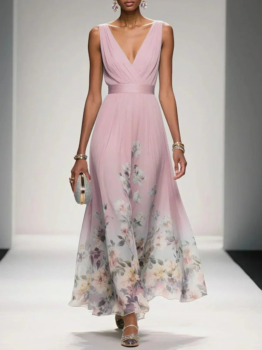Women's Chiffon Ruched Wrap V-Neck Sleeveless Wide Strap Fitted Waistband Floral Border Hem Placement Print Full A-Line Maxi Dress