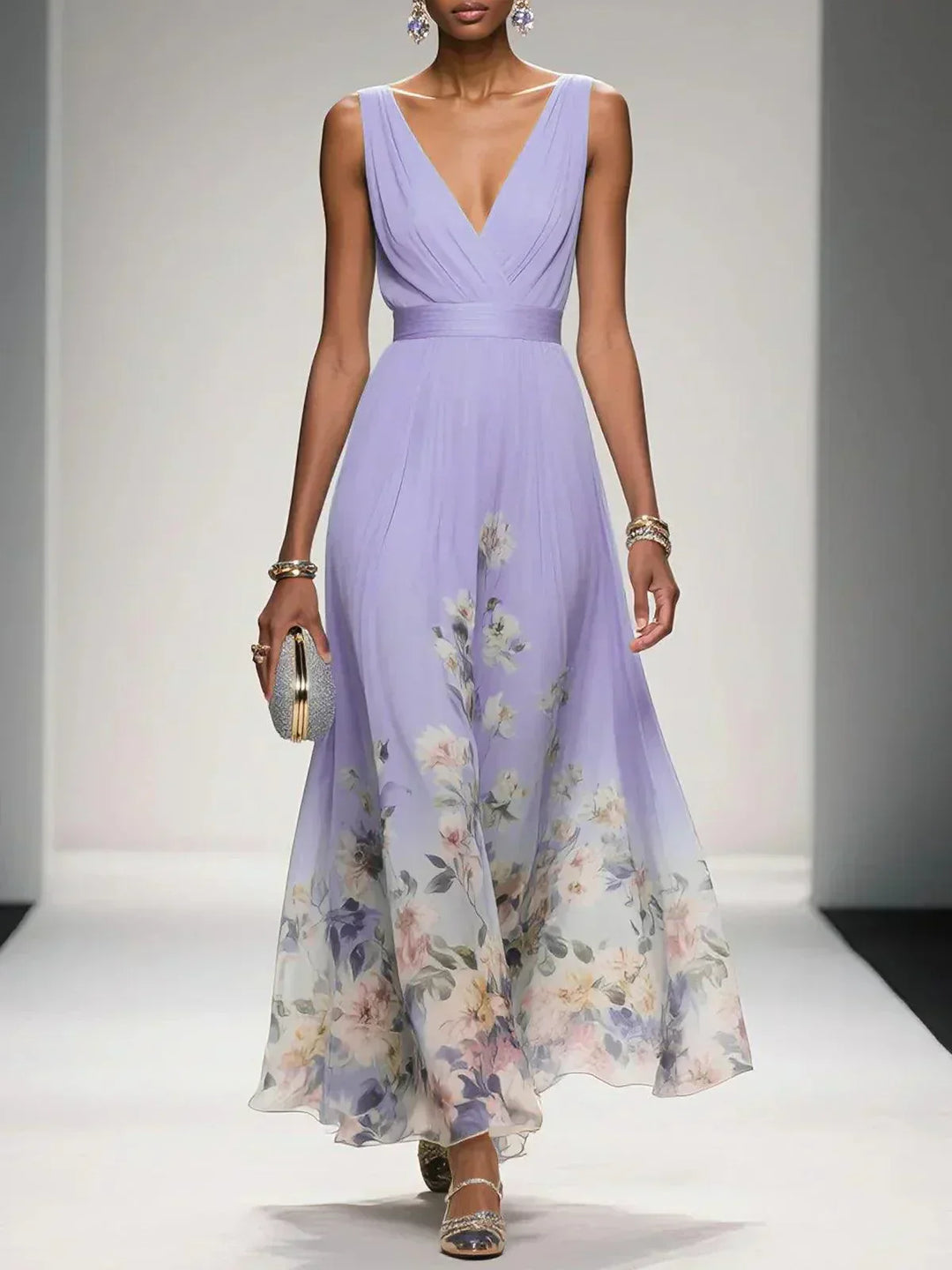 Women's Chiffon Ruched Wrap V-Neck Sleeveless Wide Strap Fitted Waistband Floral Border Hem Placement Print Full A-Line Maxi Dress