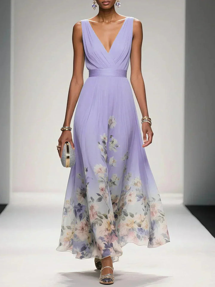 Women's Chiffon Ruched Wrap V-Neck Sleeveless Wide Strap Fitted Waistband Floral Border Hem Placement Print Full A-Line Maxi Dress
