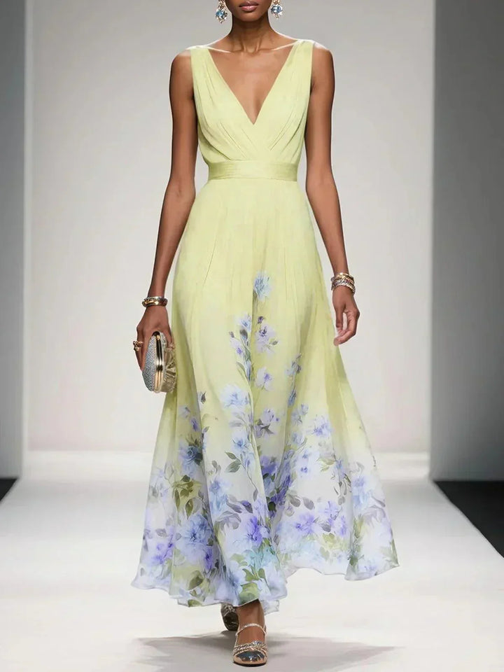Women's Chiffon Ruched Wrap V-Neck Sleeveless Wide Strap Fitted Waistband Floral Border Hem Placement Print Full A-Line Maxi Dress
