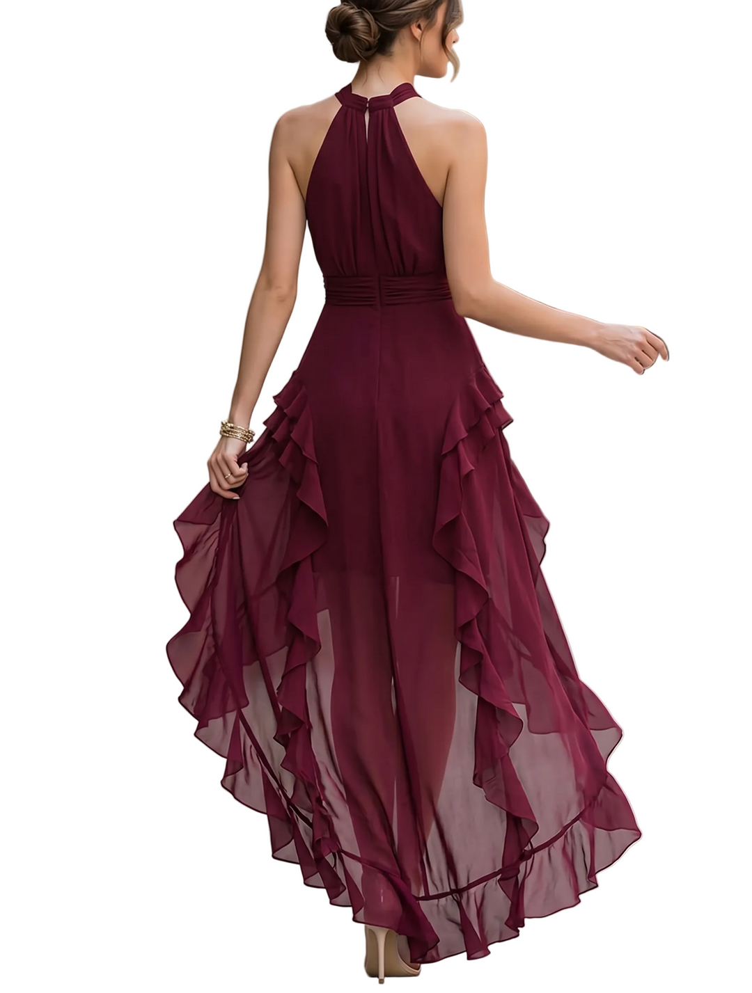 Women's Chiffon Self Tie Halter Keyhole Neck Ruched Bodice Wide Sash Waist Cascading Ruffle Asymmetric Hi-Lo Maxi Dress
