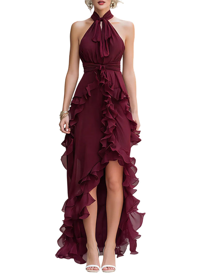 Women's Chiffon Self Tie Halter Keyhole Neck Ruched Bodice Wide Sash Waist Cascading Ruffle Asymmetric Hi-Lo Maxi Dress