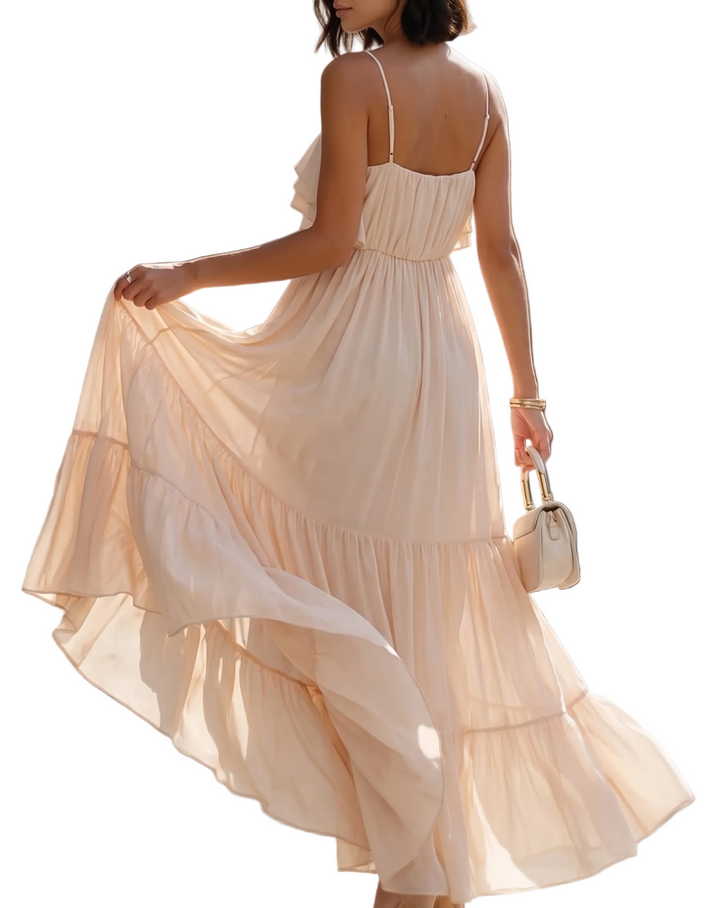 Women's Chiffon Spaghetti Strap Gathered Neckline Triple Ruffle Tier Bodice Elasticated Waist Two Tier Full Skirt Maxi Dress