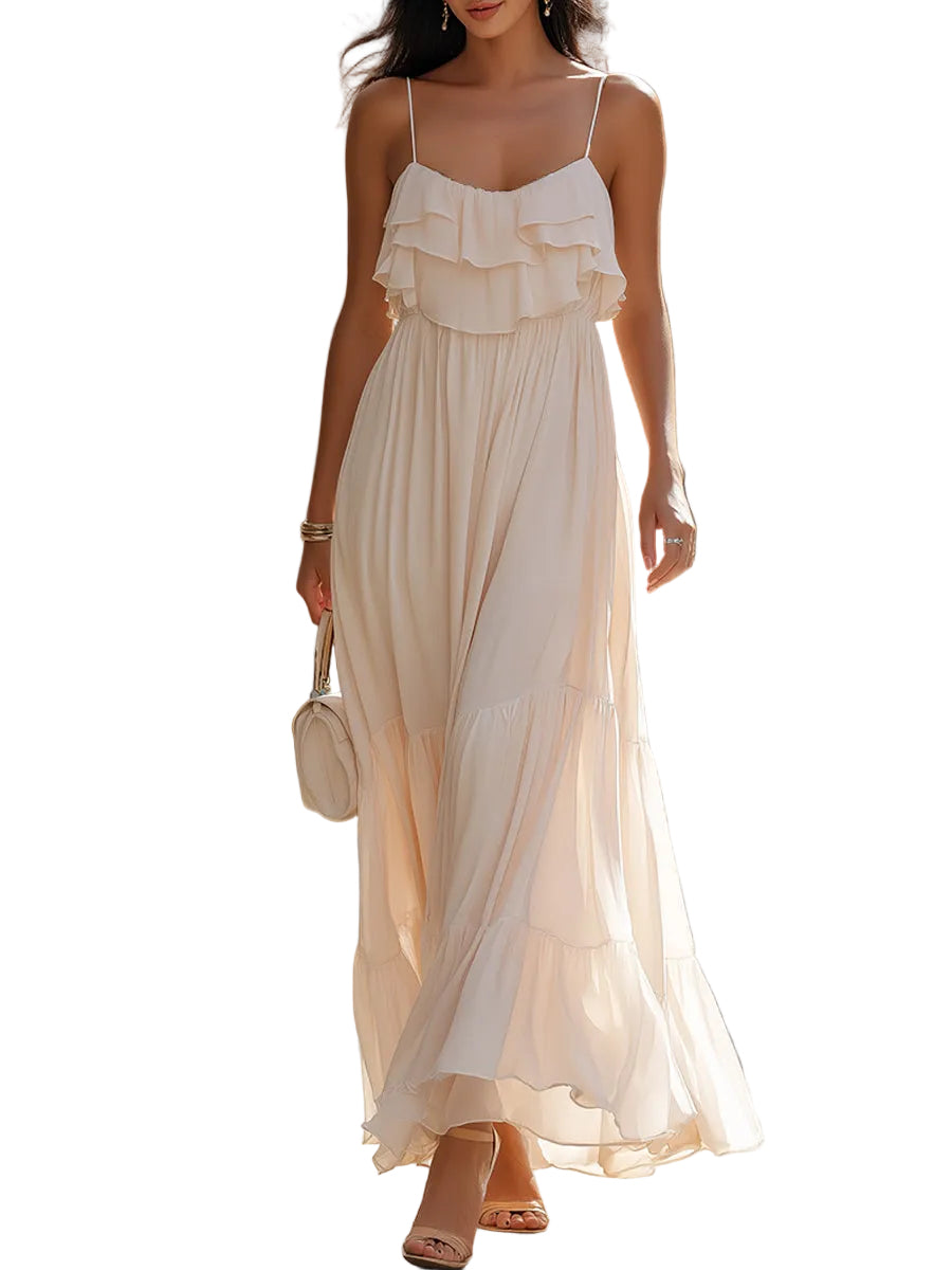 Women's Chiffon Spaghetti Strap Gathered Neckline Triple Ruffle Tier Bodice Elasticated Waist Two Tier Full Skirt Maxi Dress