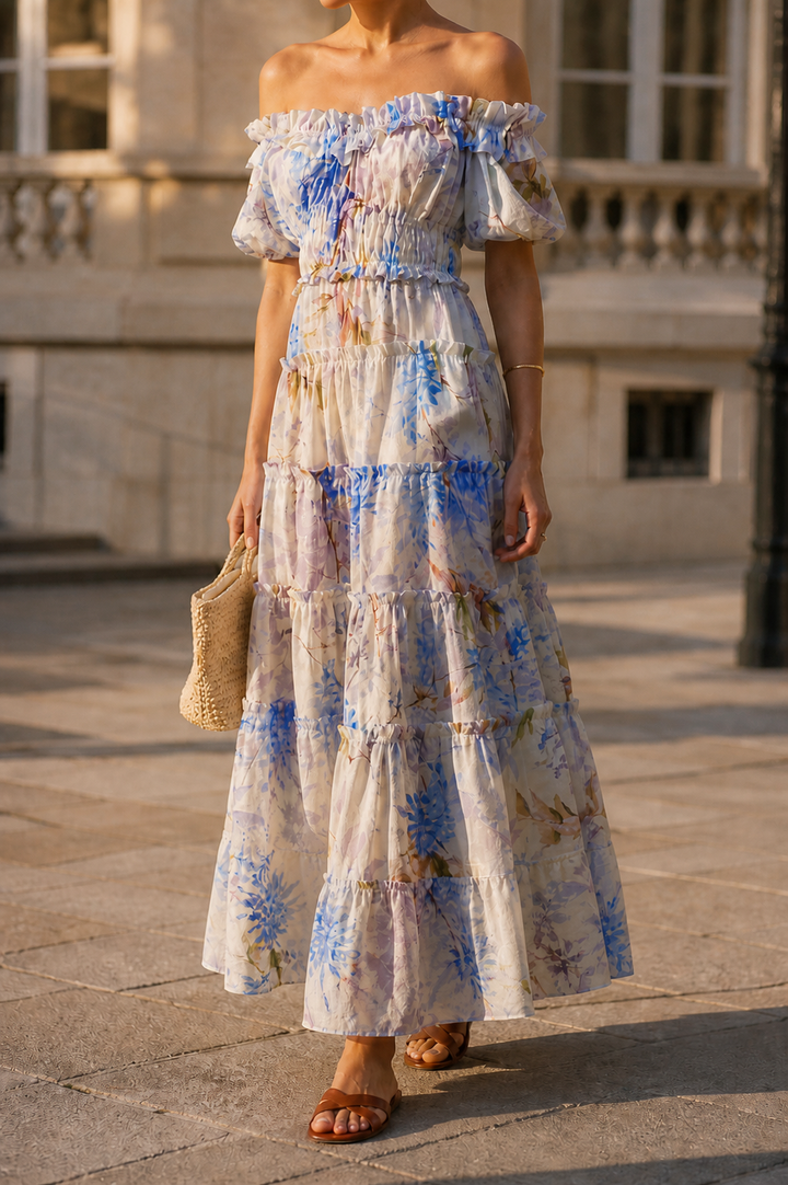Women's Chiffon Watercolour Floral Print Cold Shoulder Ruffle Trim Deep V Neck Ruched Waistband Multi-Tier Ruffle Skirt Maxi Dress