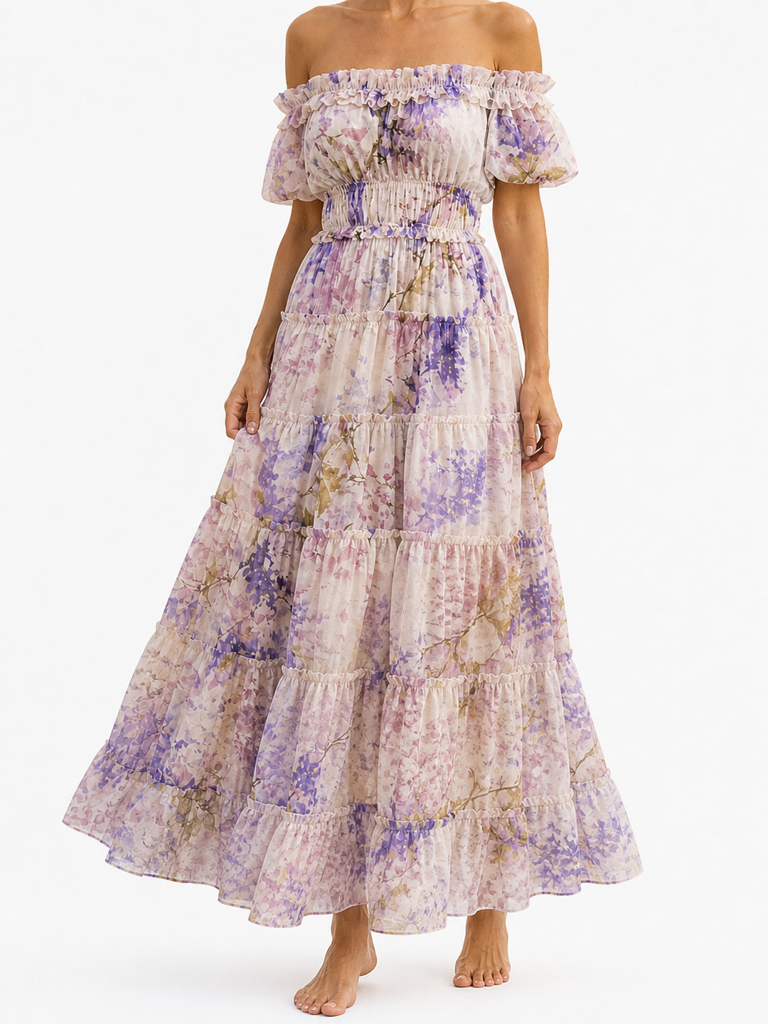 Women's Chiffon Watercolour Floral Print Cold Shoulder Ruffle Trim Deep V Neck Ruched Waistband Multi-Tier Ruffle Skirt Maxi Dress