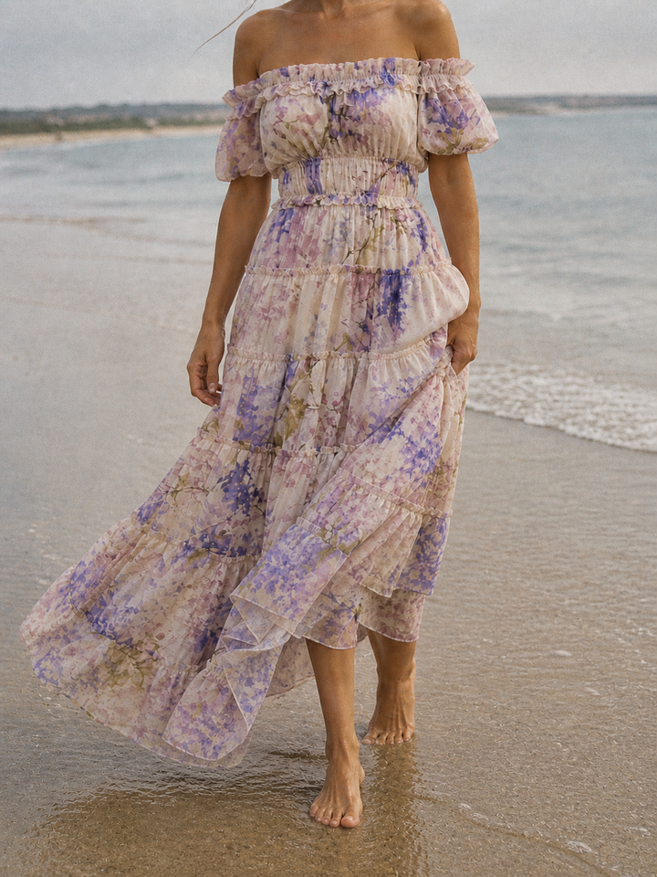 Women's Chiffon Watercolour Floral Print Cold Shoulder Ruffle Trim Deep V Neck Ruched Waistband Multi-Tier Ruffle Skirt Maxi Dress