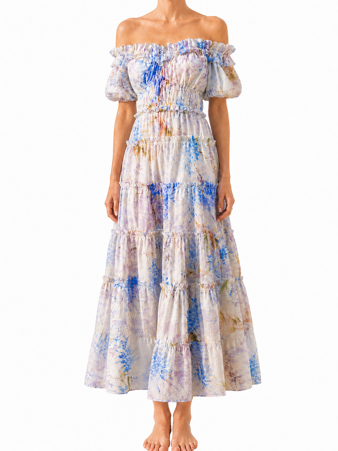 Women's Chiffon Watercolour Floral Print Cold Shoulder Ruffle Trim Deep V Neck Ruched Waistband Multi-Tier Ruffle Skirt Maxi Dress