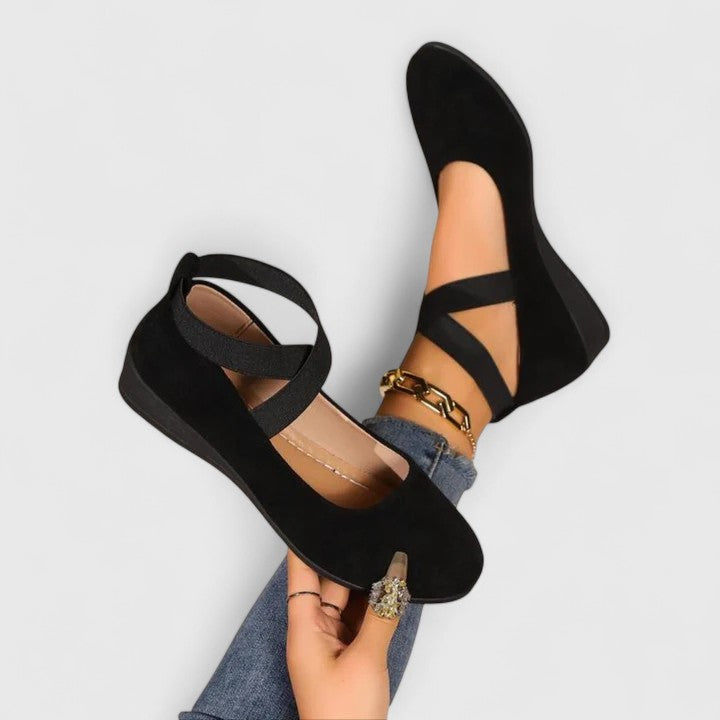 Women's Closed Round Toe Cross Elasticated Ankle Strap Slip-On Low Wedge Cushioned Ballet Flat