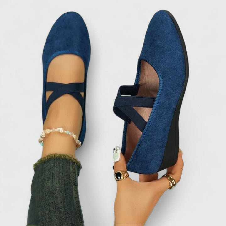Women's Closed Round Toe Cross Elasticated Ankle Strap Slip-On Low Wedge Cushioned Ballet Flat