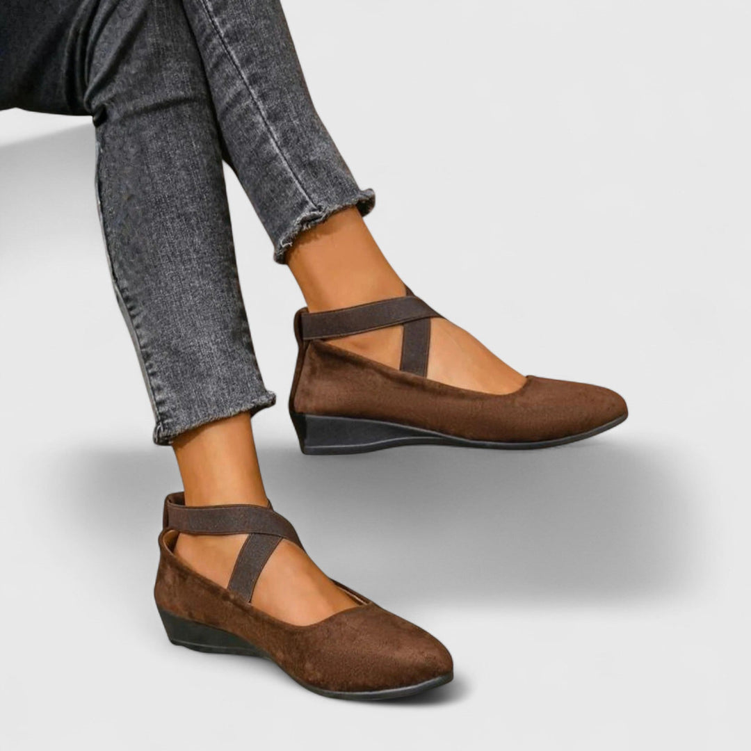 Women's Closed Round Toe Cross Elasticated Ankle Strap Slip-On Low Wedge Cushioned Ballet Flat
