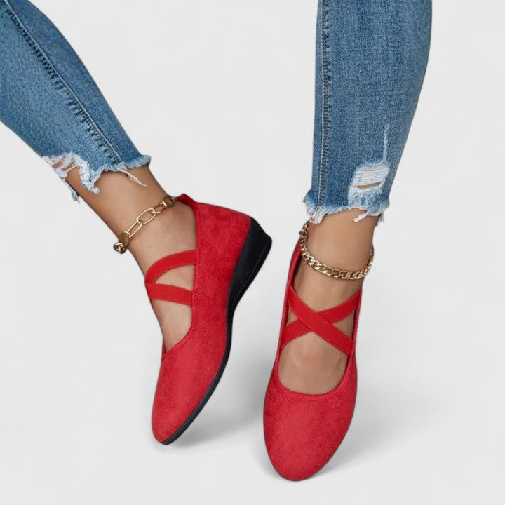 Women's Closed Round Toe Cross Elasticated Ankle Strap Slip-On Low Wedge Cushioned Ballet Flat