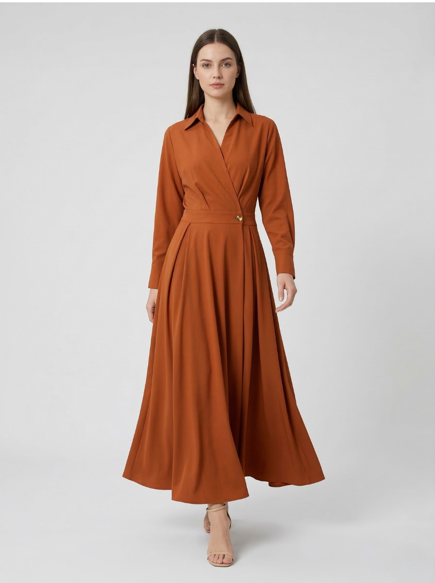 Women's Collared Wrap Front Long Sleeve Gold Clasp A-Line Maxi Dress