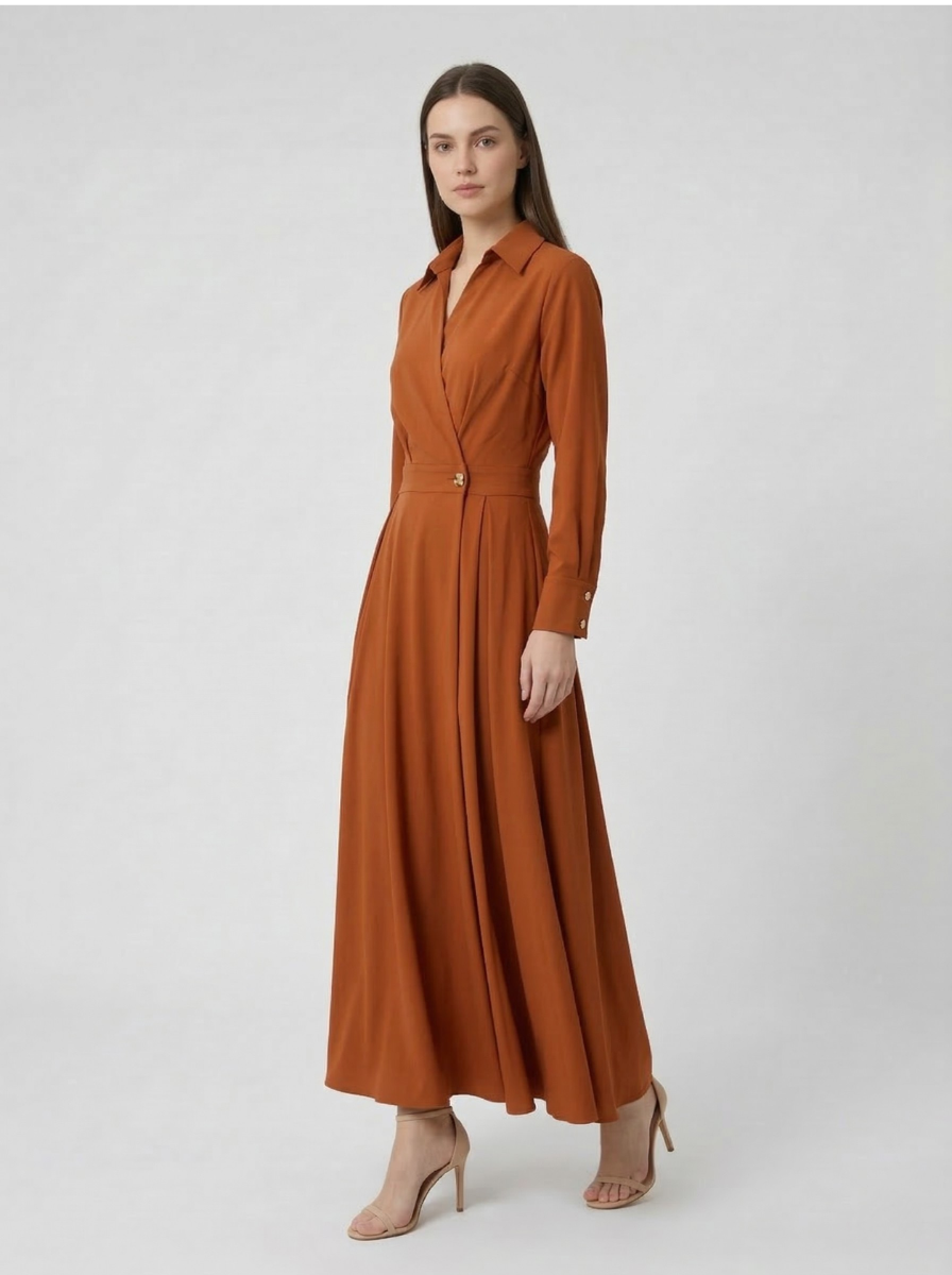 Women's Collared Wrap Front Long Sleeve Gold Clasp A-Line Maxi Dress