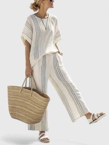 Women's Color Block Striped Side Panel Short Sleeve Round Neck Relaxed Oversized Top Wide Leg Palazzo Pants Two Piece Matching Set