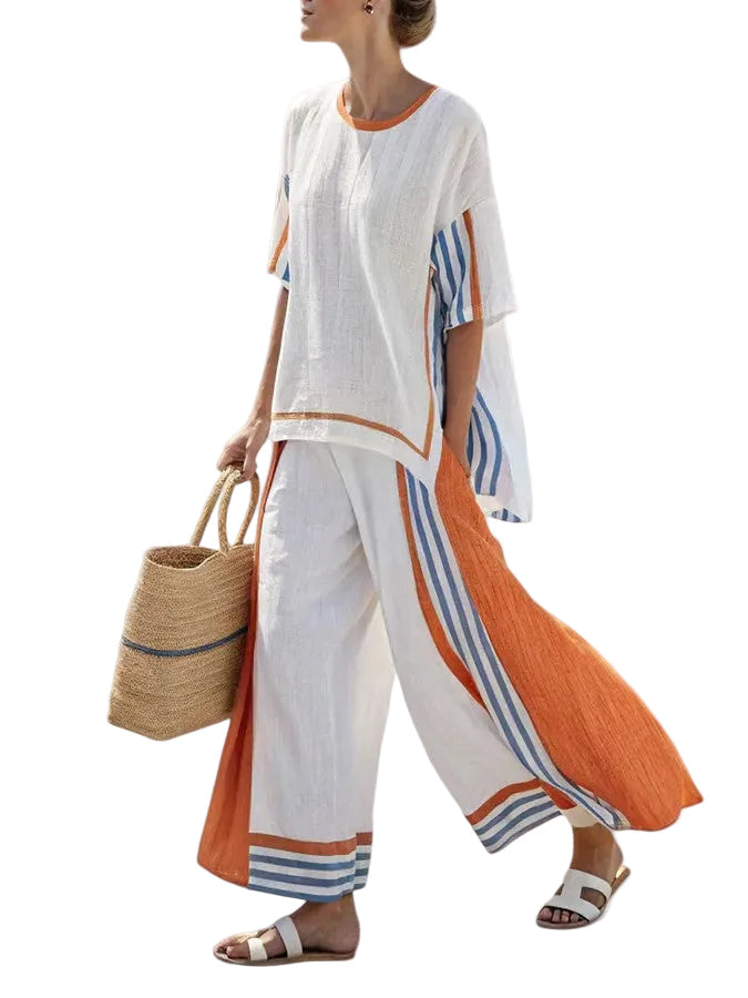 Women's Color Block Striped Side Panel Short Sleeve Round Neck Relaxed Oversized Top Wide Leg Palazzo Pants Two Piece Matching Set