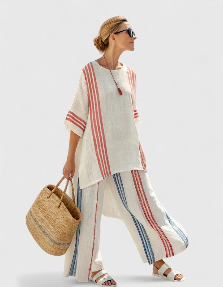 Women's Color Block Striped Side Panel Short Sleeve Round Neck Relaxed Oversized Top Wide Leg Palazzo Pants Two Piece Matching Set