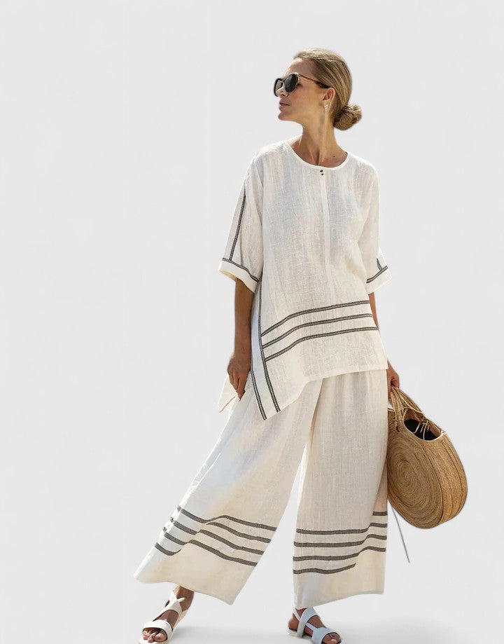 Women's Color Block Striped Side Panel Short Sleeve Round Neck Relaxed Oversized Top Wide Leg Palazzo Pants Two Piece Matching Set
