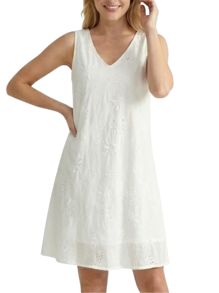 Women's Cotton Broderie Anglaise Tonal Floral Embroidery V-Neck Wide Strap Sleeveless A-Line Swing Mini Dress