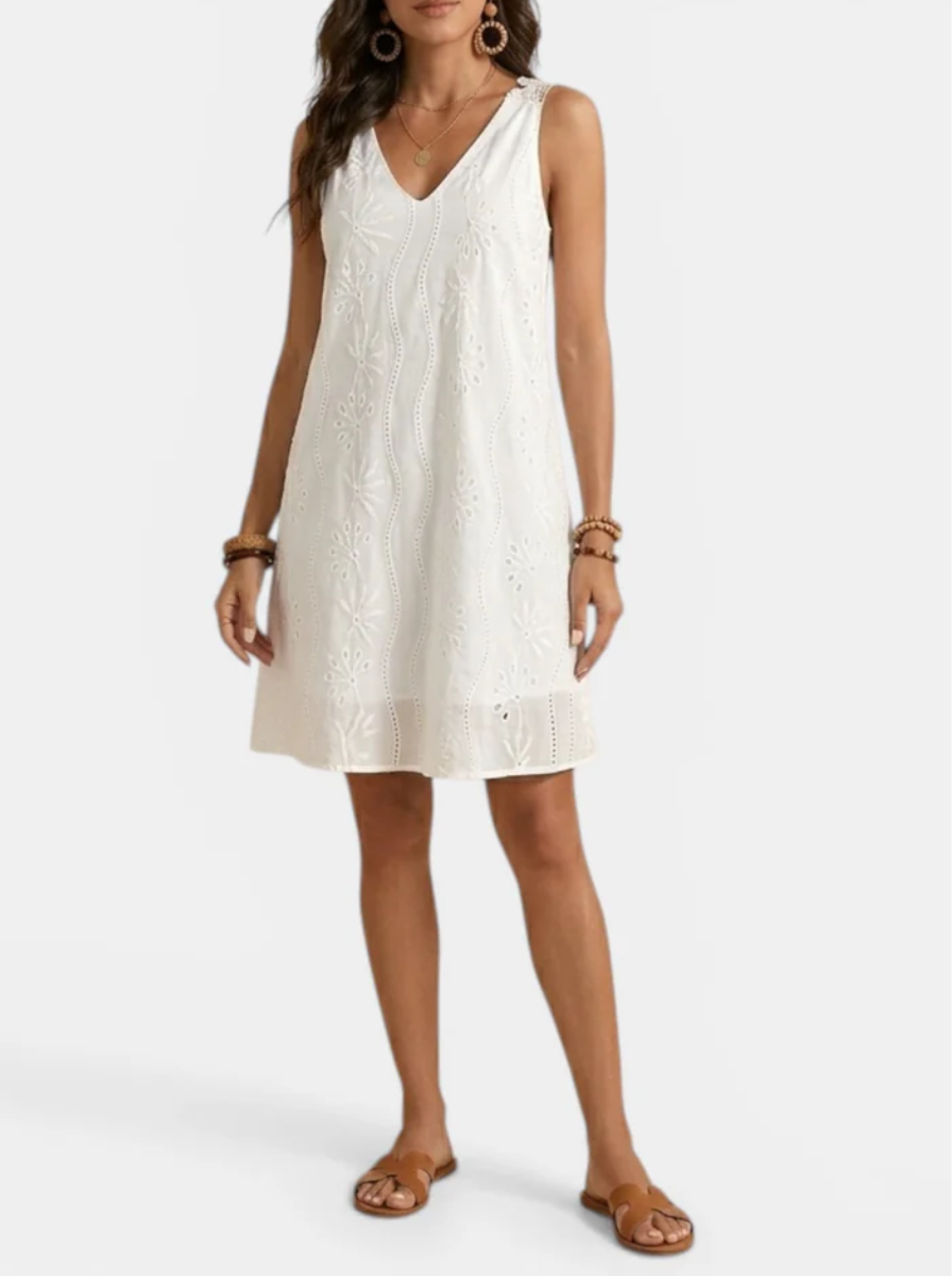 Women's Cotton Broderie Anglaise Tonal Floral Embroidery V-Neck Wide Strap Sleeveless A-Line Swing Mini Dress