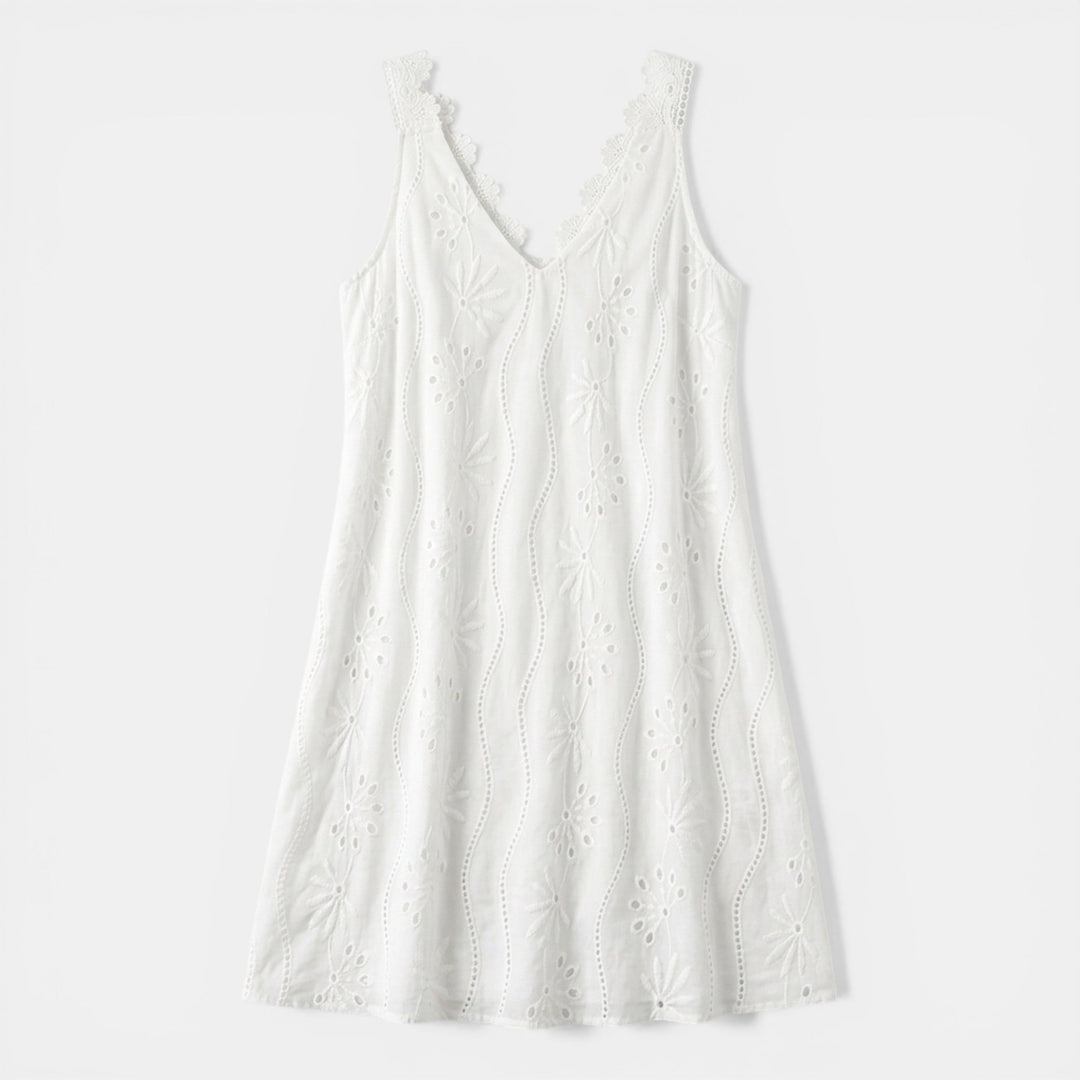 Women's Cotton Broderie Anglaise Tonal Floral Embroidery V-Neck Wide Strap Sleeveless A-Line Swing Mini Dress