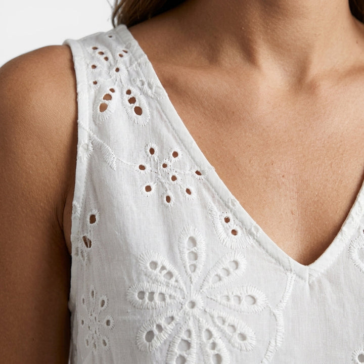 Women's Cotton Broderie Anglaise Tonal Floral Embroidery V-Neck Wide Strap Sleeveless A-Line Swing Mini Dress