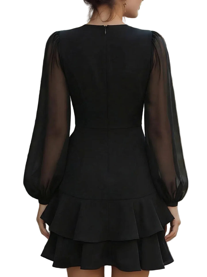 Women's Crepe Deep V-Neck Sheer Puff Sleeve Fitted Bodice Asymmetric Tiered Ruffle Skirt Mini Dress