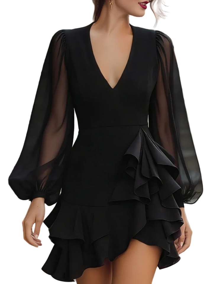 Women's Crepe Deep V-Neck Sheer Puff Sleeve Fitted Bodice Asymmetric Tiered Ruffle Skirt Mini Dress
