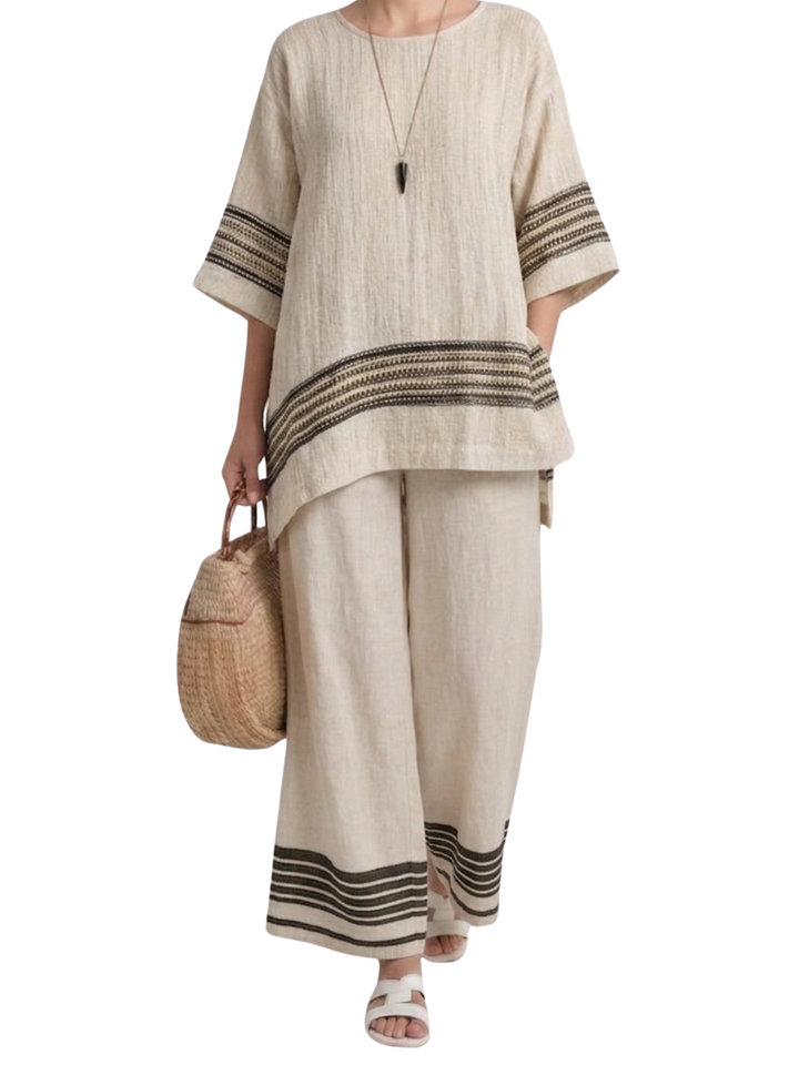 Women's Crinkle Linen Oversized Top and Wide Leg Trousers Two-Piece Set with Stripe Trim