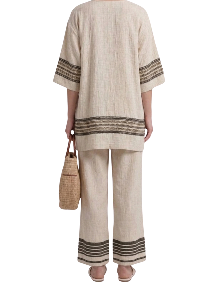 Women's Crinkle Linen Oversized Top and Wide Leg Trousers Two-Piece Set with Stripe Trim