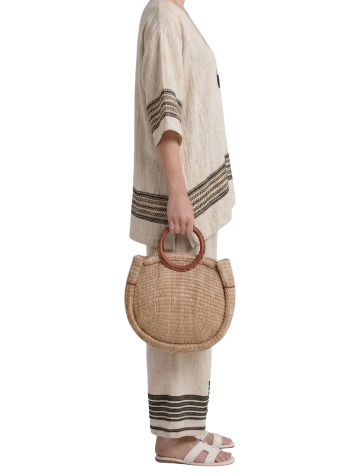 Women's Crinkle Linen Oversized Top and Wide Leg Trousers Two-Piece Set with Stripe Trim