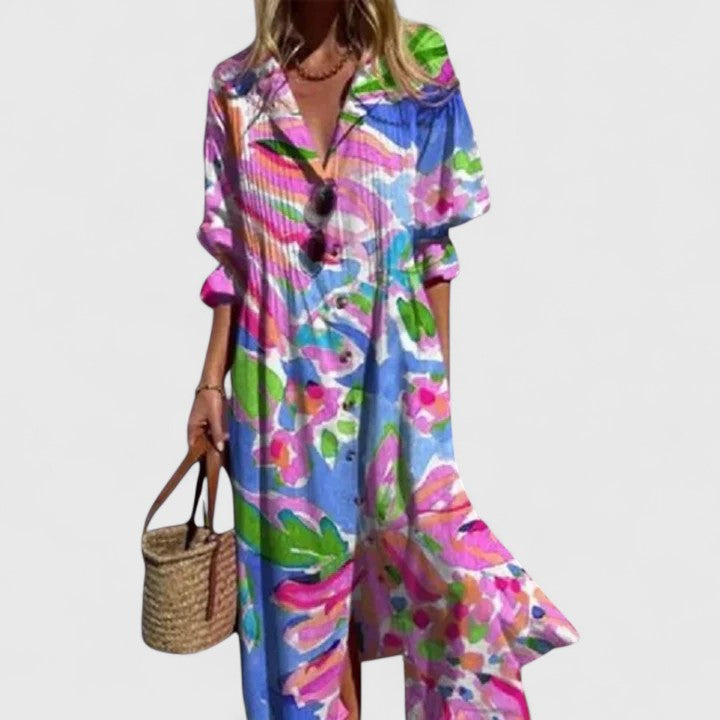 Women's Crinkle Woven Long Sleeve Spread Collar Button-Front Pin-Tuck Bodice Placement Floral Border Print Relaxed Midi Dress