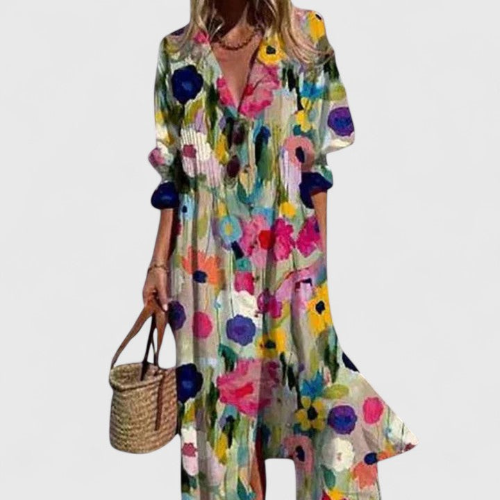 Women's Crinkle Woven Long Sleeve Spread Collar Button-Front Pin-Tuck Bodice Placement Floral Border Print Relaxed Midi Dress