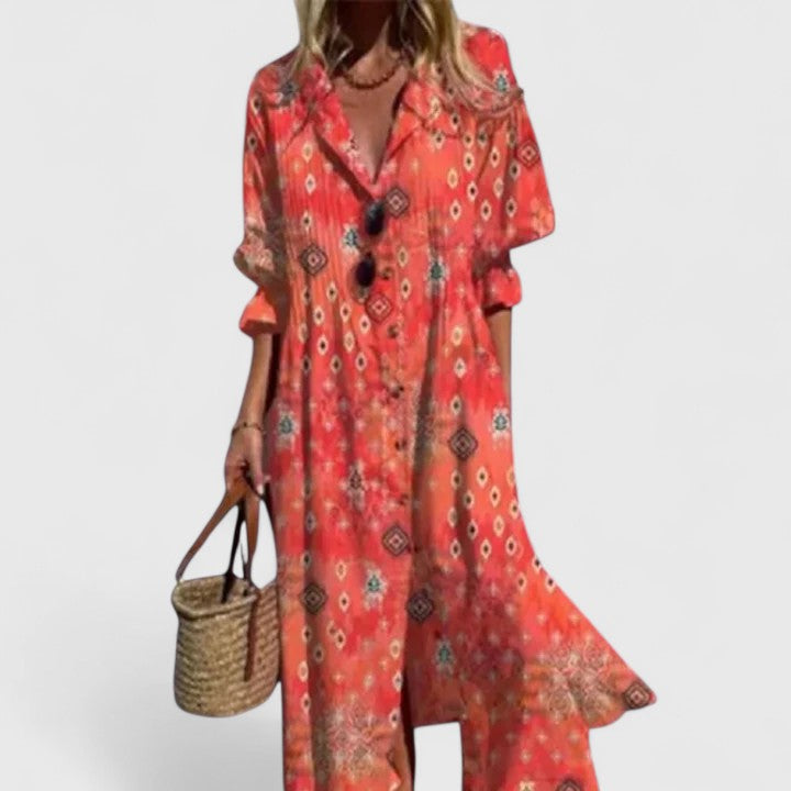 Women's Crinkle Woven Long Sleeve Spread Collar Button-Front Pin-Tuck Bodice Placement Floral Border Print Relaxed Midi Dress