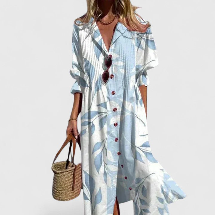 Women's Crinkle Woven Long Sleeve Spread Collar Button-Front Pin-Tuck Bodice Placement Floral Border Print Relaxed Midi Dress