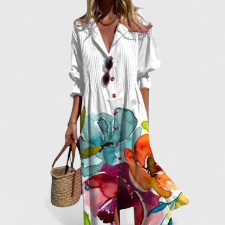Women's Crinkle Woven Long Sleeve Spread Collar Button-Front Pin-Tuck Bodice Placement Floral Border Print Relaxed Midi Dress