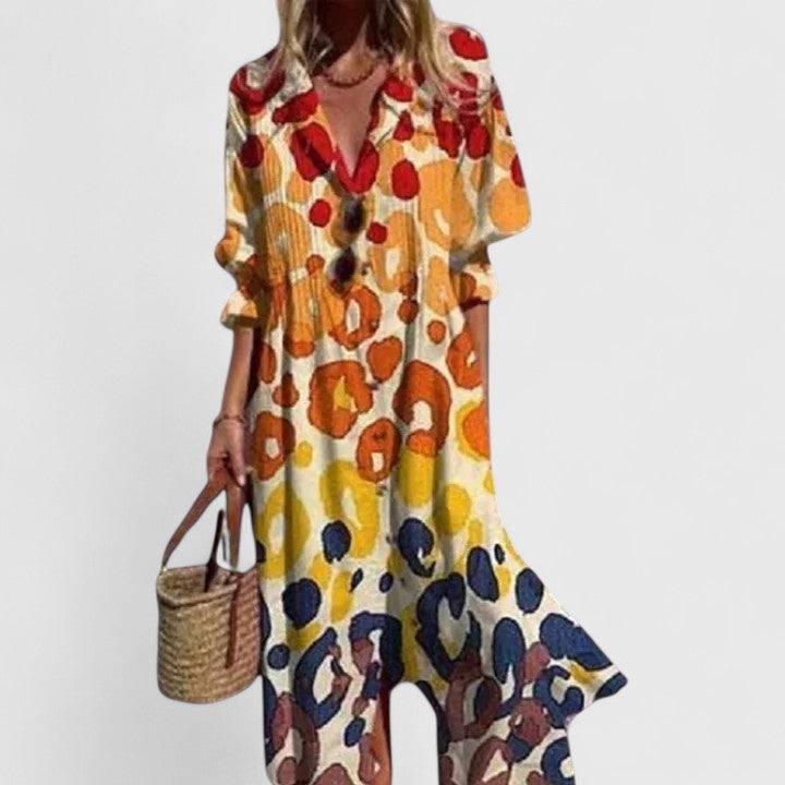 Women's Crinkle Woven Long Sleeve Spread Collar Button-Front Pin-Tuck Bodice Placement Floral Border Print Relaxed Midi Dress