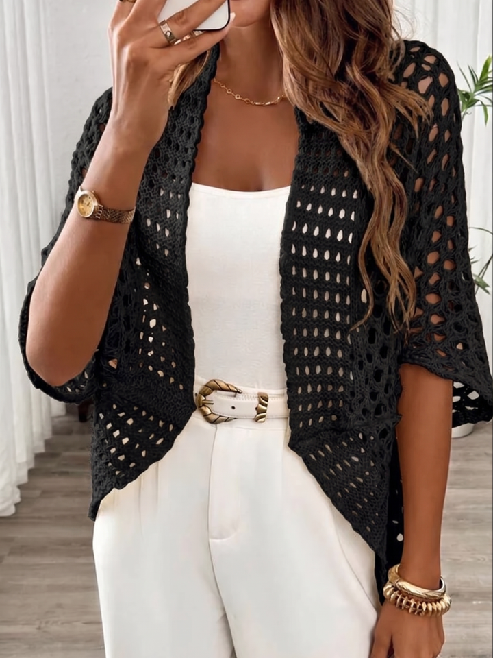 Women's Crochet Knit Open Front Wide Short Sleeve Cropped Layering Cardigan