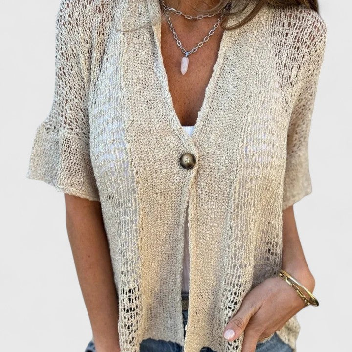 Women's Deep V Neck Short Sleeve Open Stitch Single Button Relaxed Fit Cardigan Style Top