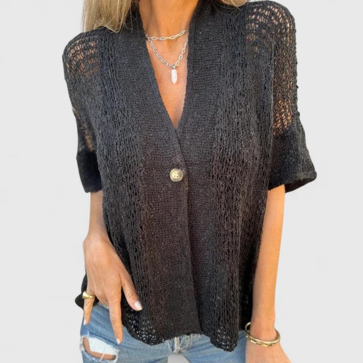 Women's Deep V Neck Short Sleeve Open Stitch Single Button Relaxed Fit Cardigan Style Top