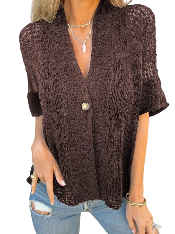 Women's Deep V Neck Short Sleeve Open Stitch Single Button Relaxed Fit Cardigan Style Top