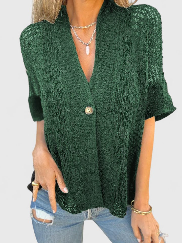 Women's Deep V Neck Short Sleeve Open Stitch Single Button Relaxed Fit Cardigan Style Top